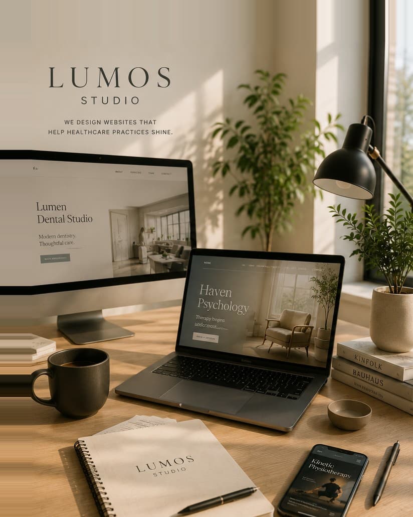 A designer's desk with a laptop and monitor showing healthcare client websites, a notebook, and coffee