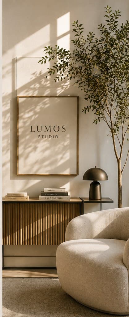 A sunlit studio corner with a framed poster, plant, and lounge chair